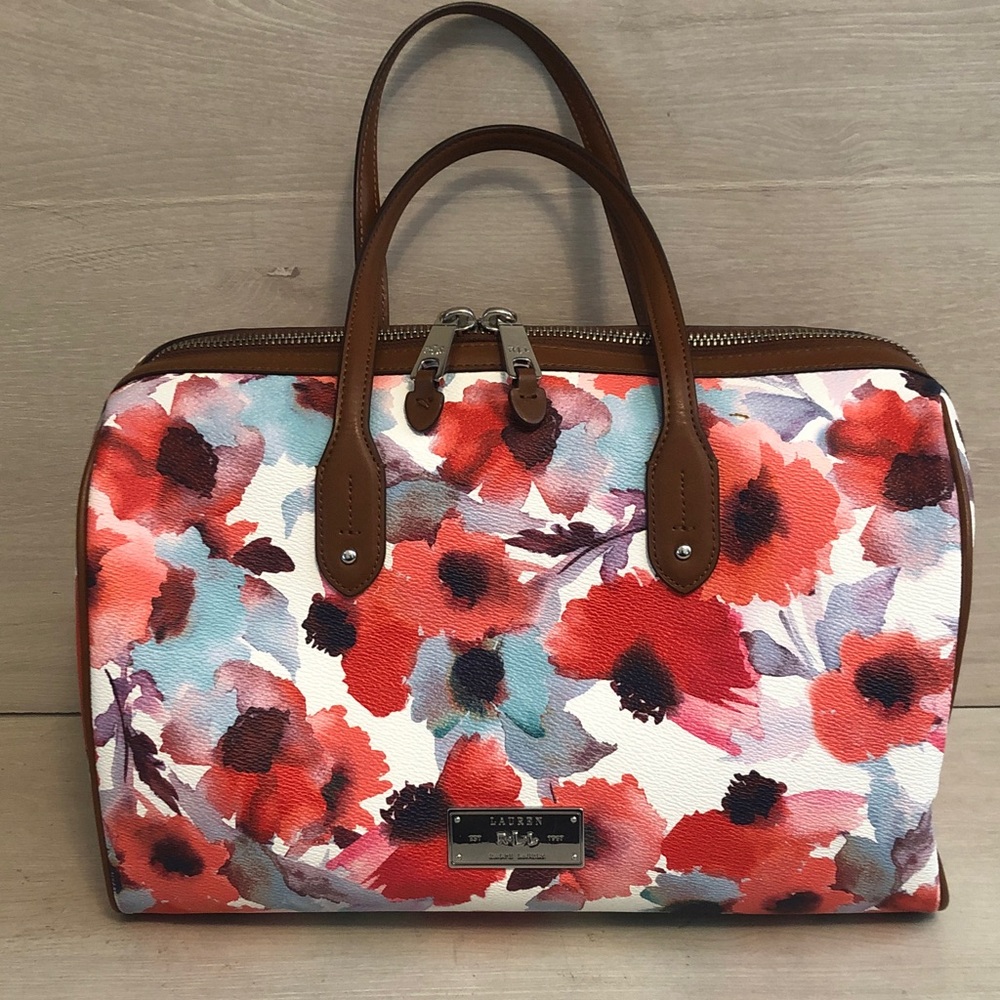 Lauren Ralph Lauren “Clements” Barrel Floral Satchel Handbag | Coral Pos Read